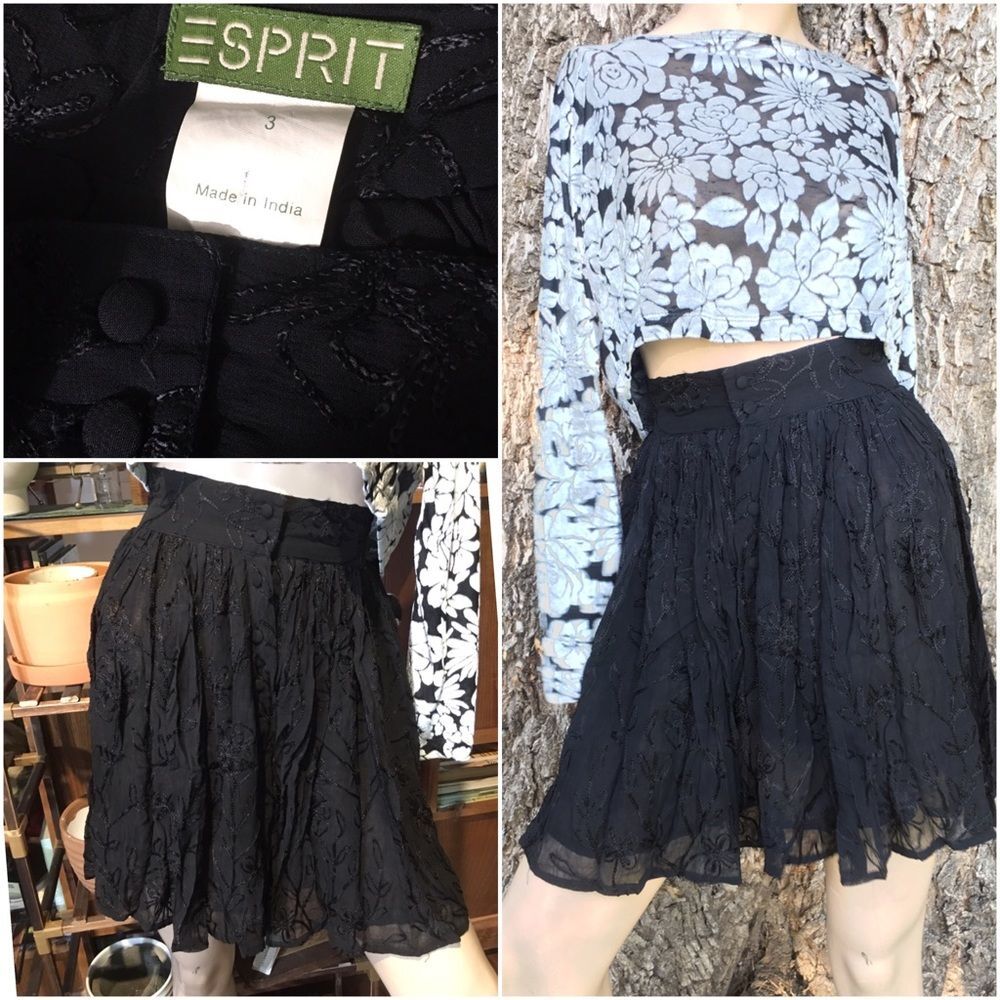 90’s ESPRIT Goth High Waist Embroidered Lace Pleated Button Down Mini Skirt